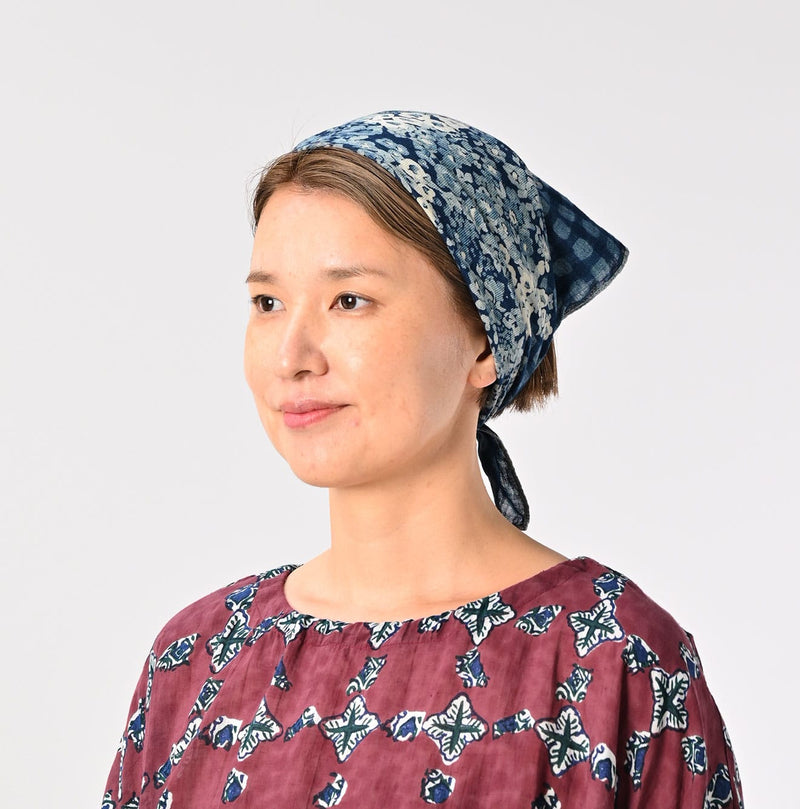 45R Indigo Twill Gingham Check Flower Bandana