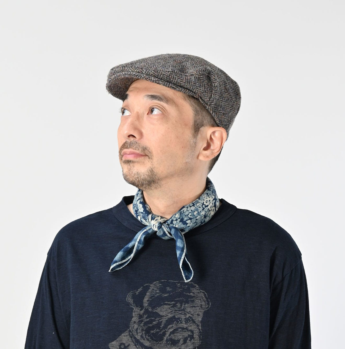 45R Indigo Twill Gingham Check Flower Bandana