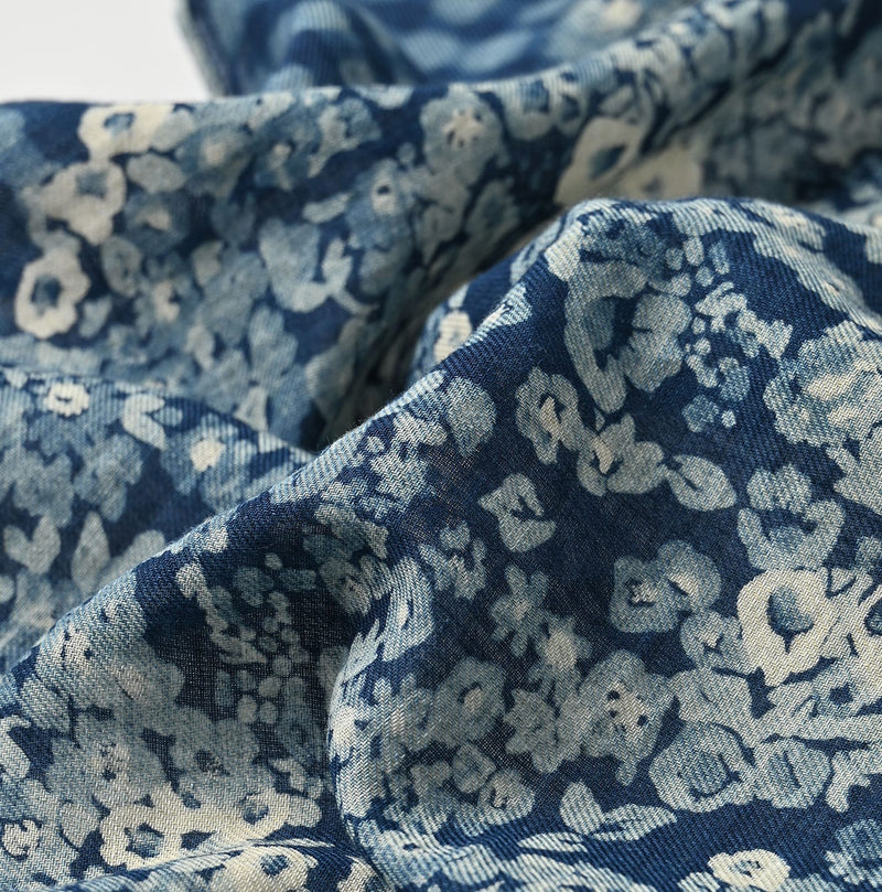 45R Indigo Twill Gingham Check Flower Bandana