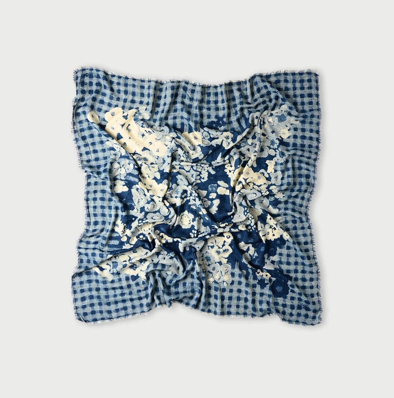 45R Indigo Twill Gingham Check Flower FUROSHIKii