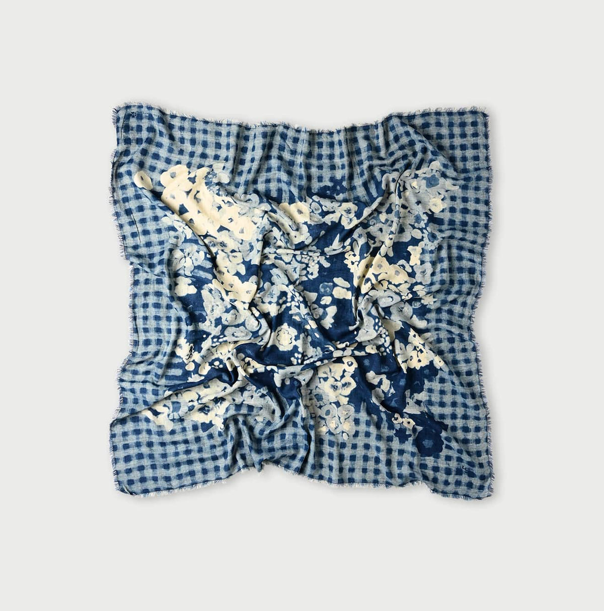 45R Indigo Twill Gingham Check Flower FUROSHIKii