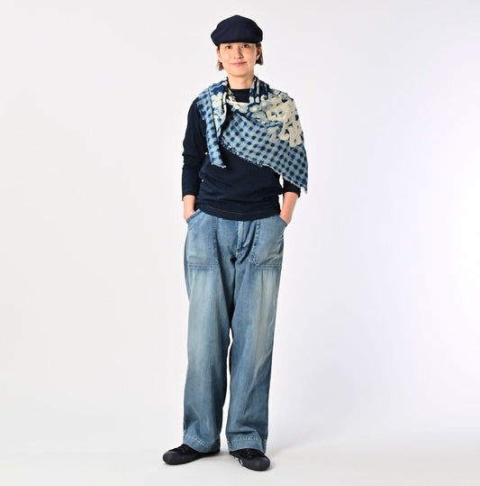 45R Indigo Twill Gingham Check Flower FUROSHIKii