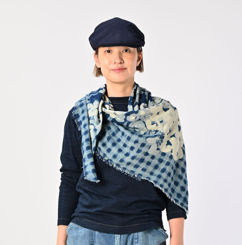 45R Indigo Twill Gingham Check Flower FUROSHIKii