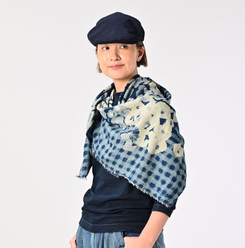 45R Indigo Twill Gingham Check Flower FUROSHIKii