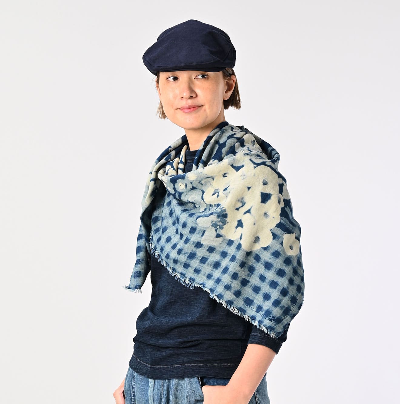 45R Indigo Twill Gingham Check Flower FUROSHIKii