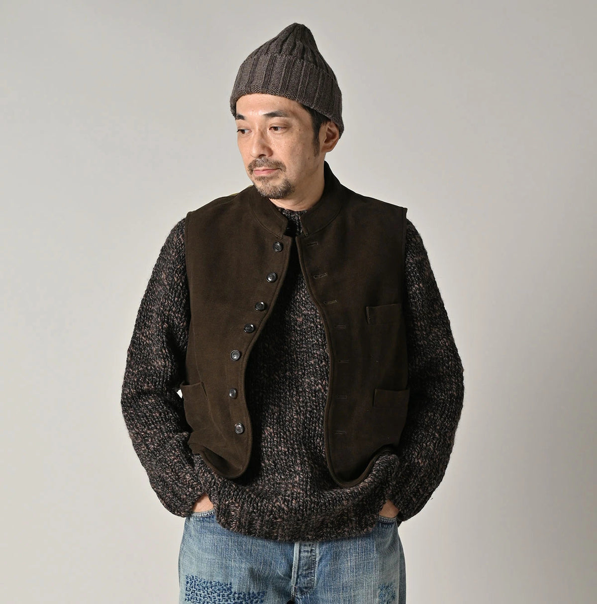 45R Cotton Flannel 908 Stand Collar Vest (Top-dyed)