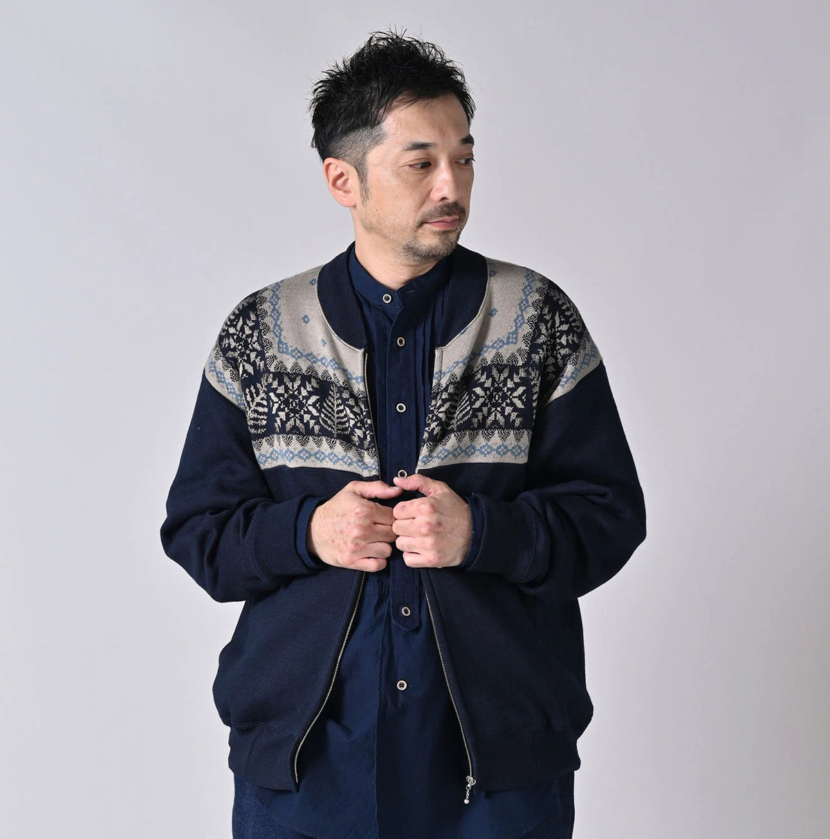 45R Indigo Snowflake Jacquard Smooth 908 Knit-sewn Blouson - Image 7