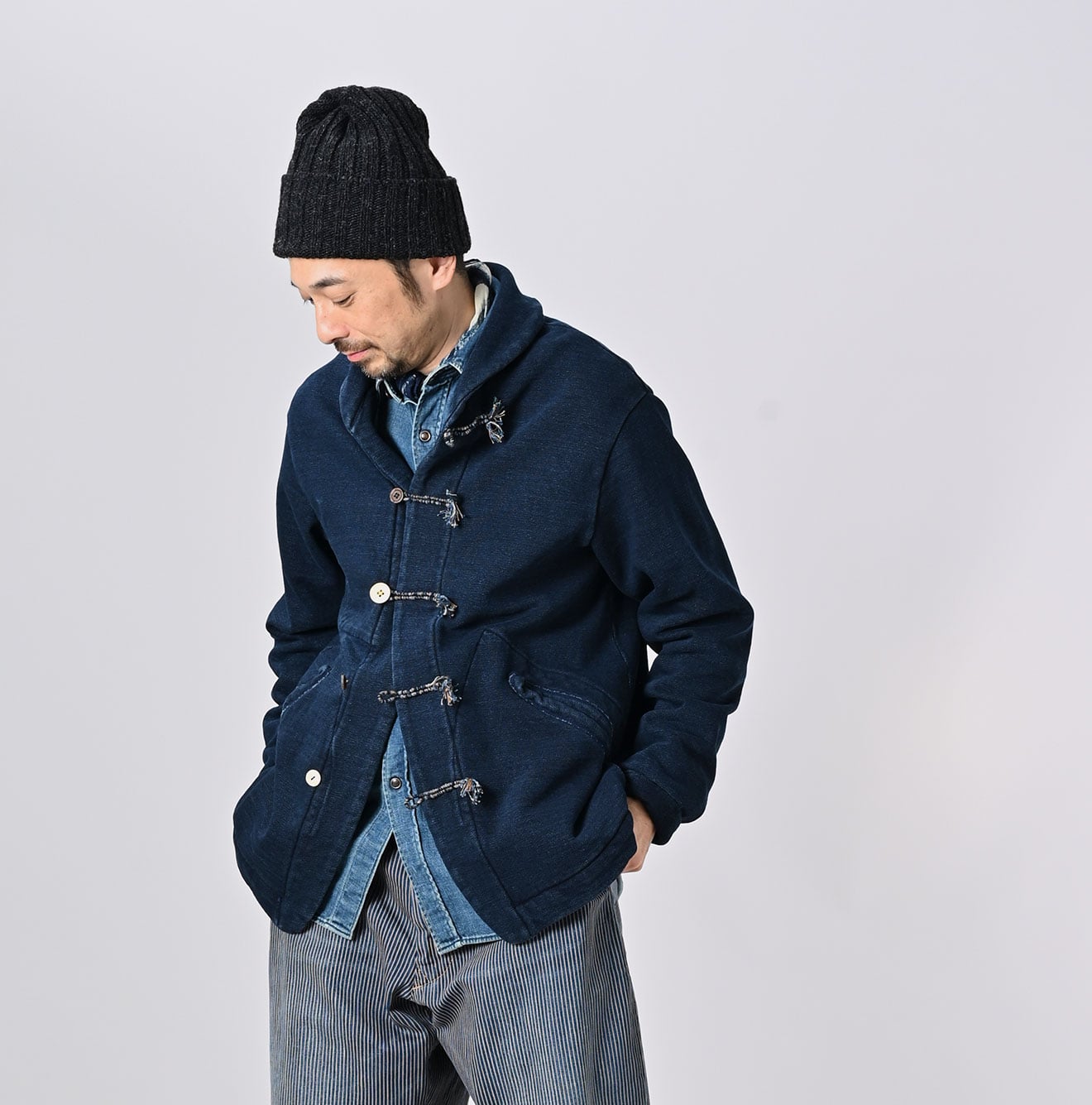 45R Indigo Cotton Fleece 908 8-knot Shawl Blouson