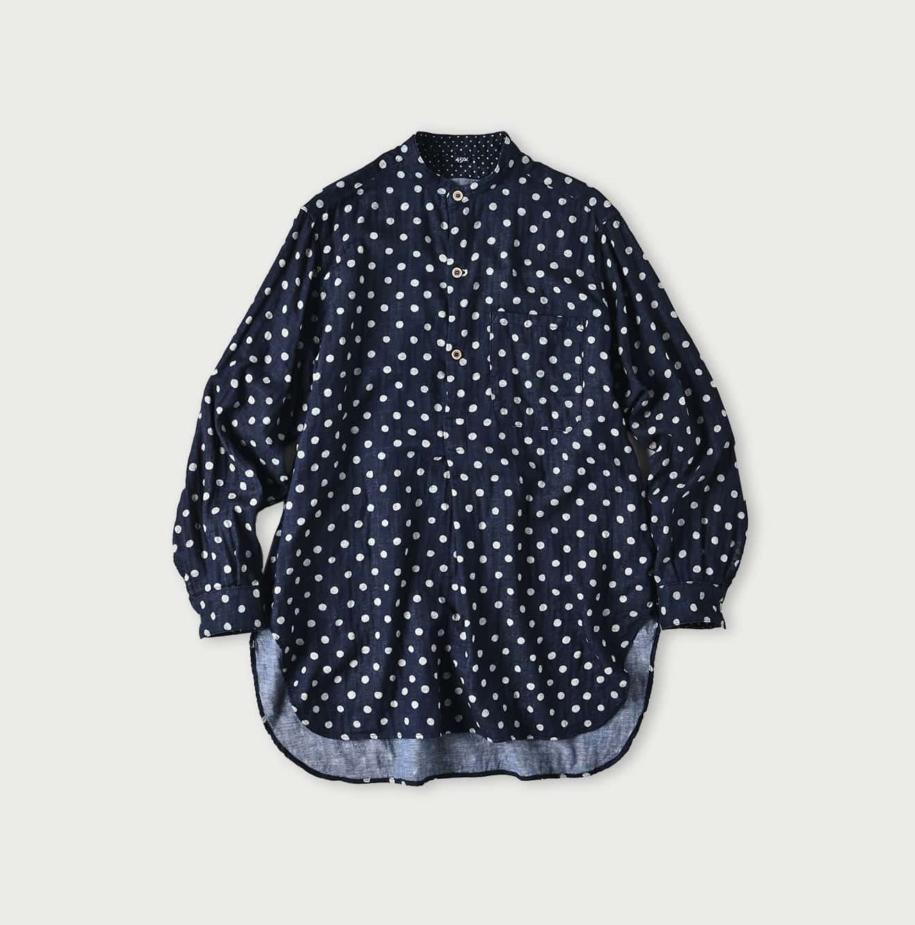 Indigo Fuwafuwa Double-woven 908 Dots Pullover Shirt (Size 2)