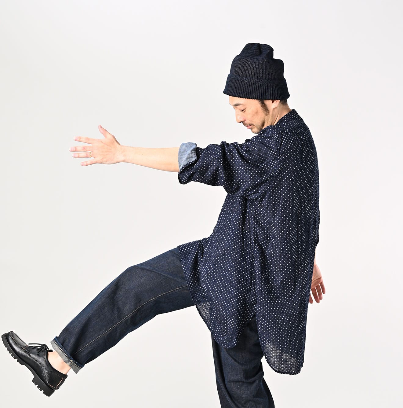 45R Indigo Fuwafuwa Double-woven 908 Dots Pullover Shirt