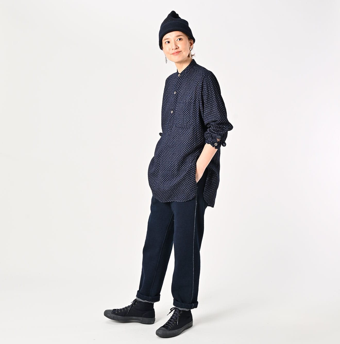 45R Indigo Fuwafuwa Double-woven 908 Dots Pullover Shirt