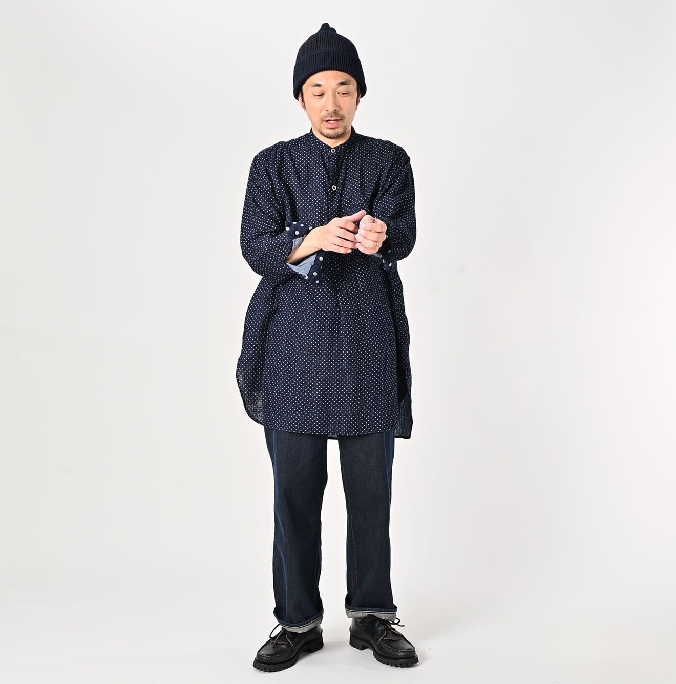 45R Indigo Fuwafuwa Double-woven 908 Dots Pullover Shirt