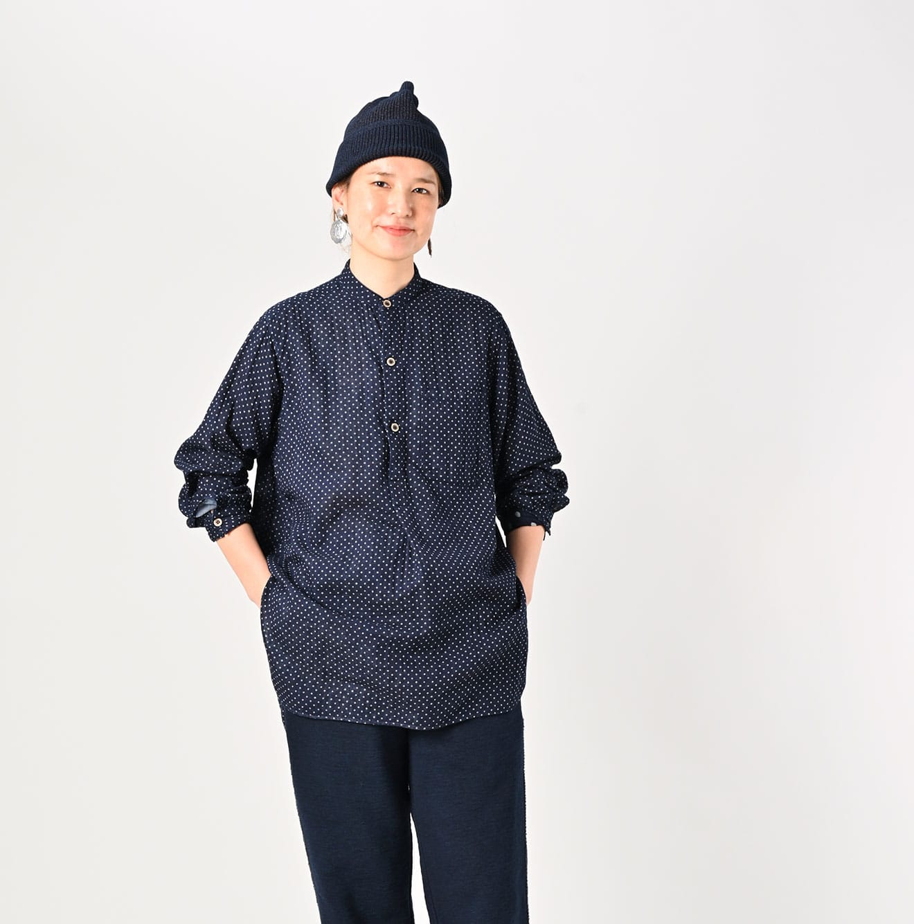 45R Indigo Fuwafuwa Double-woven 908 Dots Pullover Shirt