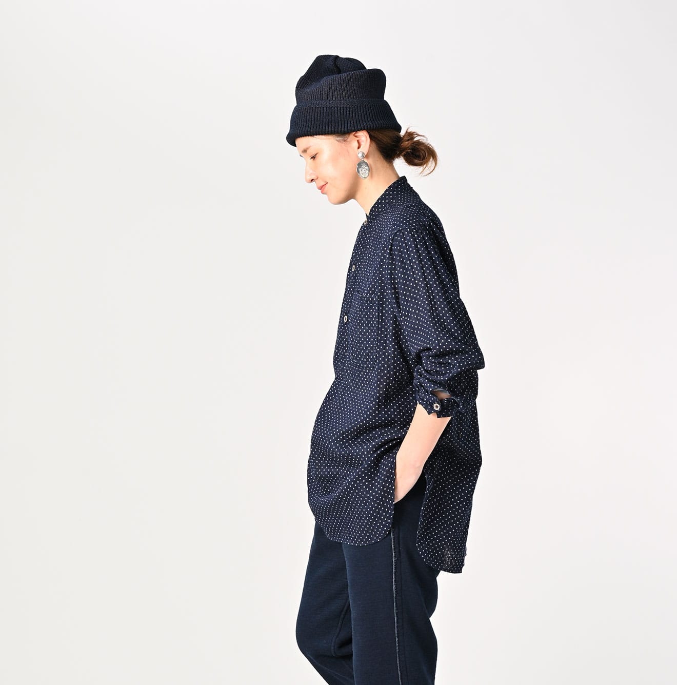 45R Indigo Fuwafuwa Double-woven 908 Dots Pullover Shirt